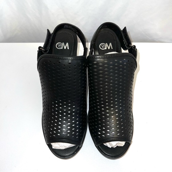 Black Peep Toe Perforated Slingback Chunky Heel Sandals Shoes - Picture 5 of 12